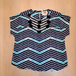 Figue Blue Black Cotton Chevron Pom Pom Busy Boho Lightweight Blouse Shirt Sz S